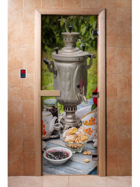 Стеклянная дверь для бани и сауны с фотопечатью 190*70 А077