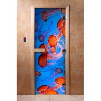 Стеклянная дверь для бани и сауны с фотопечатью 190*70 А079