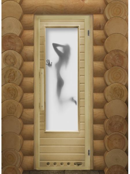 Дверь для сауны липа со стеклом с петлями с вентиляционной решеткой "ЭЛИТ  ИСКУШЕНИЕ" С ФОТОПЕЧАТЬЮ