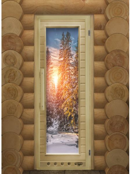 Дверь для сауны липа со стеклом с петлями с вентиляционной решеткой "ЭЛИТ ЛЮКС ЗИМА" С ФОТОПЕЧАТЬЮ