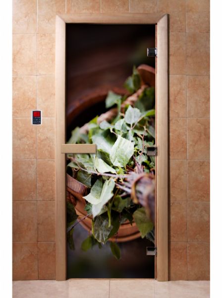 Стеклянная дверь для бани и сауны с фотопечатью 190*70 А008