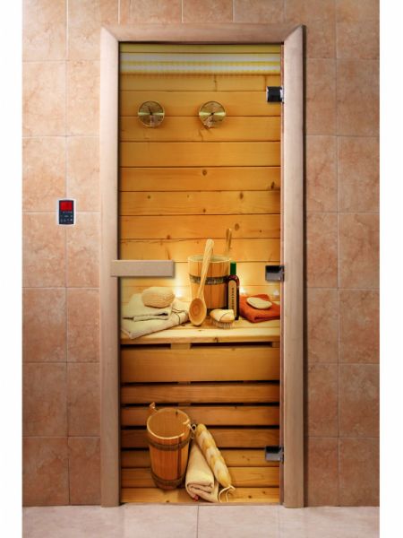 Стеклянная дверь для бани и сауны с фотопечатью 190*70 А033