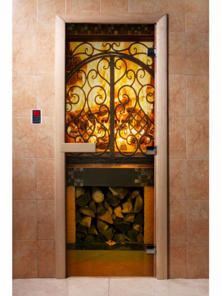 Стеклянная дверь для бани и сауны с фотопечатью 190*70 А041